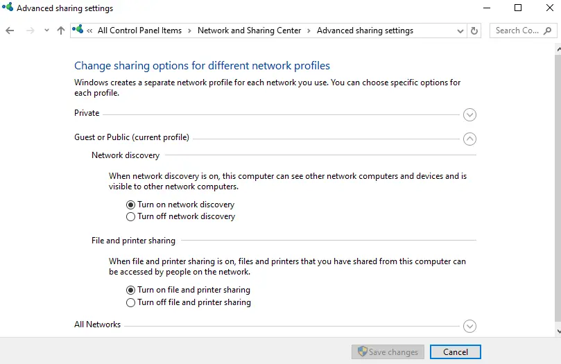 Change advanced sharing settings