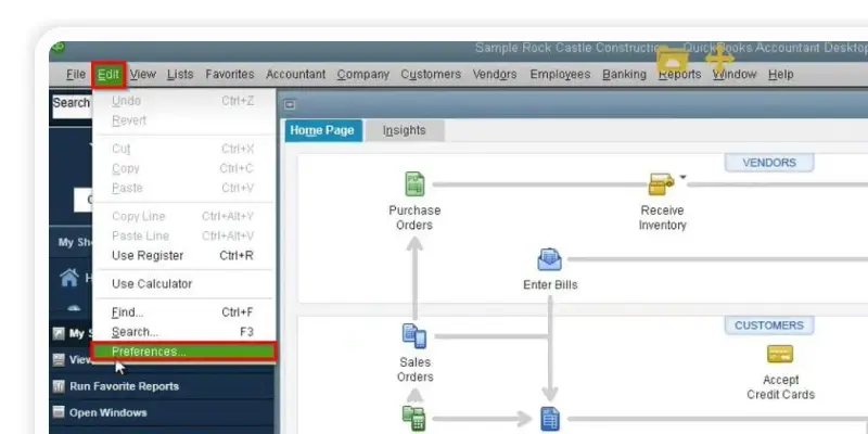 Edit in QuickBooks and click Preferences
