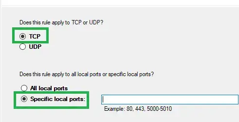 Select TCP and enter the specific port numbers