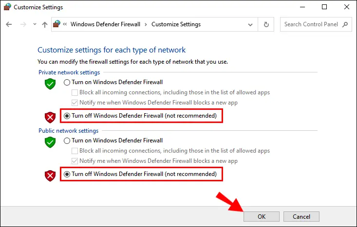 Turn off Windows Firewall