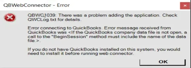 QBWC1039 If the QuickBooks company data file is not open