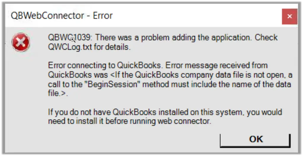 QBWC1039 There was a problem adding the application. Check QBWCLog.txt for details